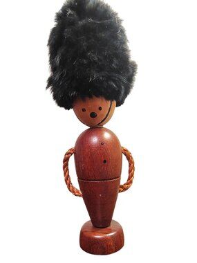 Vintage Danmark Wooden Soldier Figurine, Denmark Bearskin Fur Cap Hand Tooled 9"